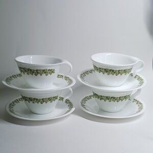 4 Corelle Crazy Daisy Spring Blossom Green White Flowers Hook Cup Saucer Vintage